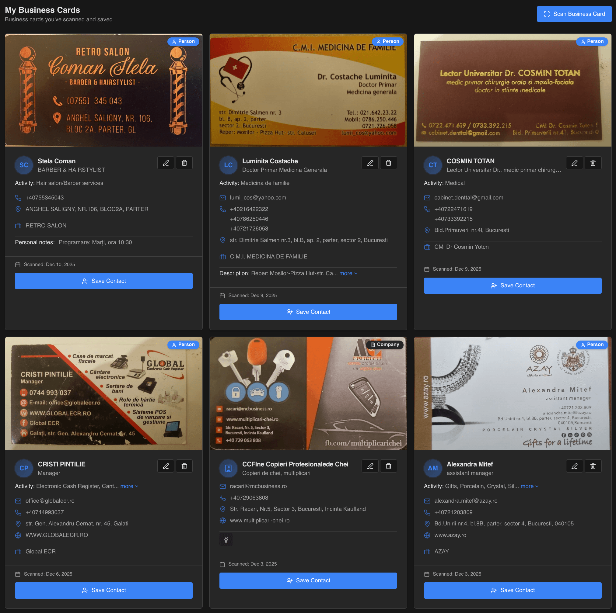 AI Business card scanner dashboard